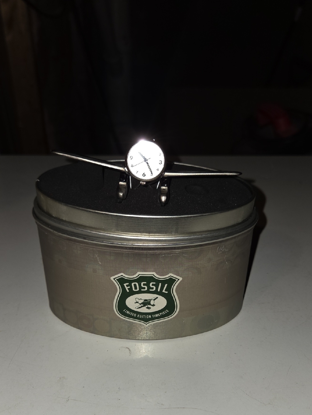 LIMITED EDITION Fossil Silver Airplane Desk Clock with White Face